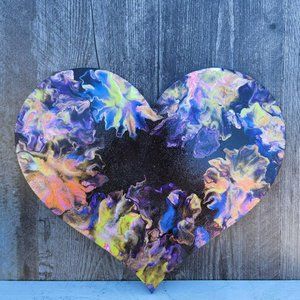 Acrylic Pour Art/Fluid Art/Original/Wooden Heart